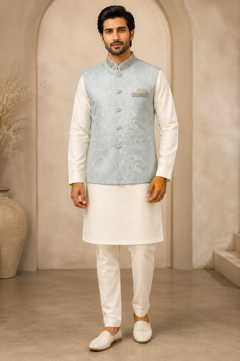 Mens blue indian nehru jacket standing pose