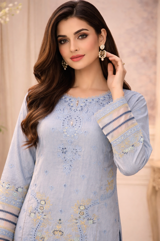 Light Blue Trouser suit eid Pakistani casual close view