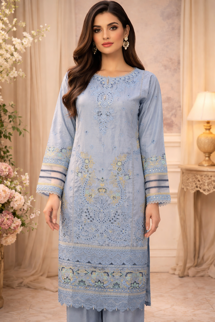 Light Blue Embroidered Lawn Suit | Casual 3 Piece Set