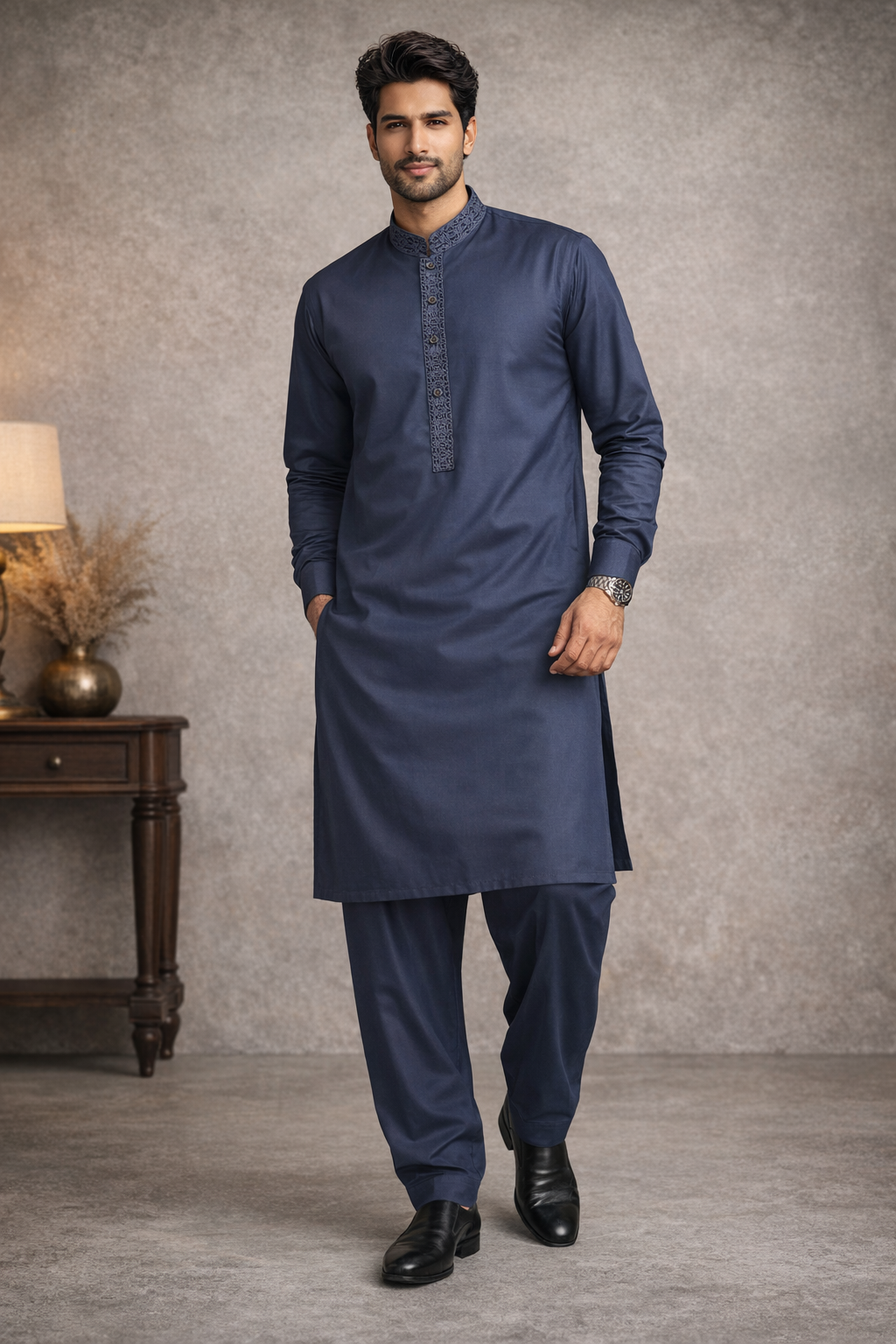 slate blue mens pakistani shalwar kameez embroidered