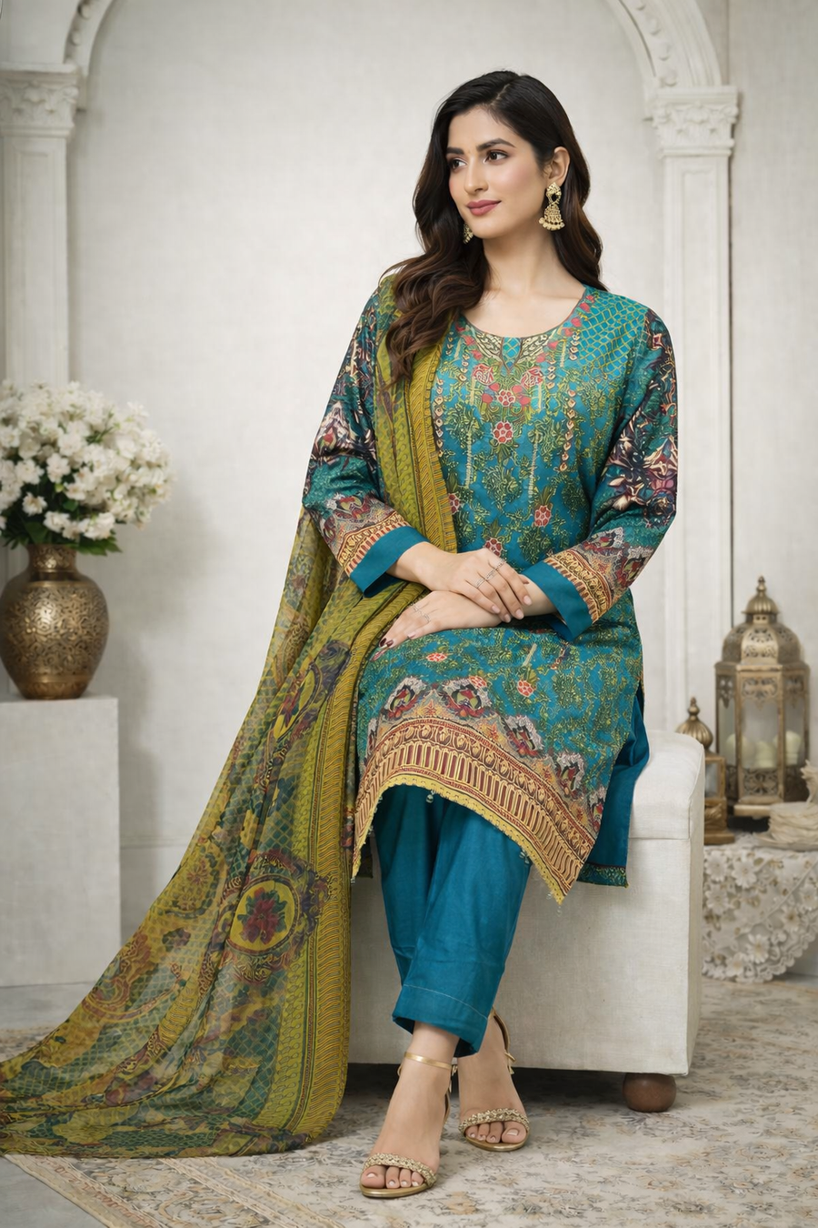 Teal Printed Lawn Trouser Suit - 3 - Piece Elegant Everyday Casual Wear