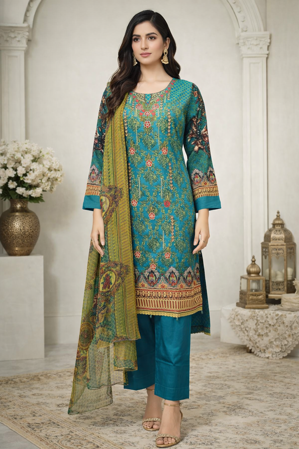 teal ladies womens lawn trouser suit full view