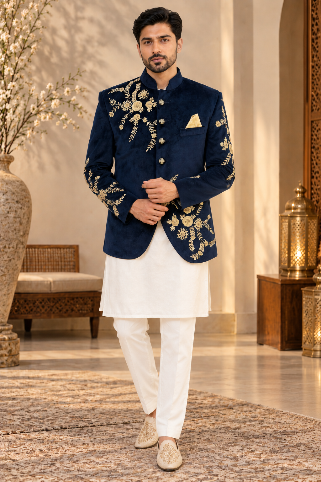 Men’s Navy Blue Velvet Embroidered Jodhpuri Jacket