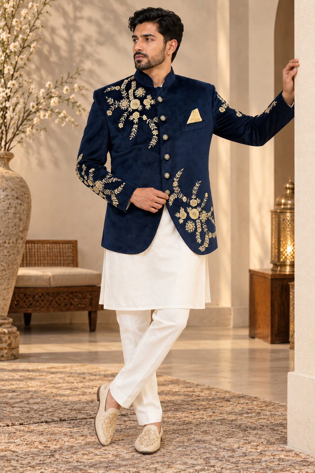 Men’s Navy Blue Velvet Embroidered Jodhpuri Jacket