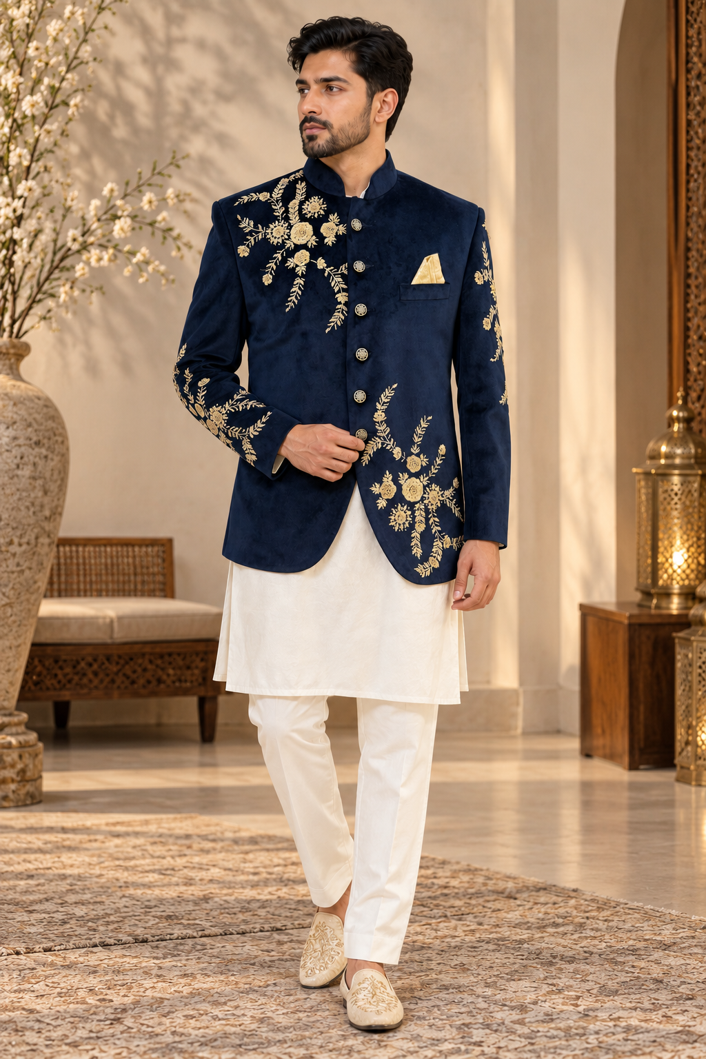 Men’s Navy Blue Velvet Embroidered Jodhpuri Jacket