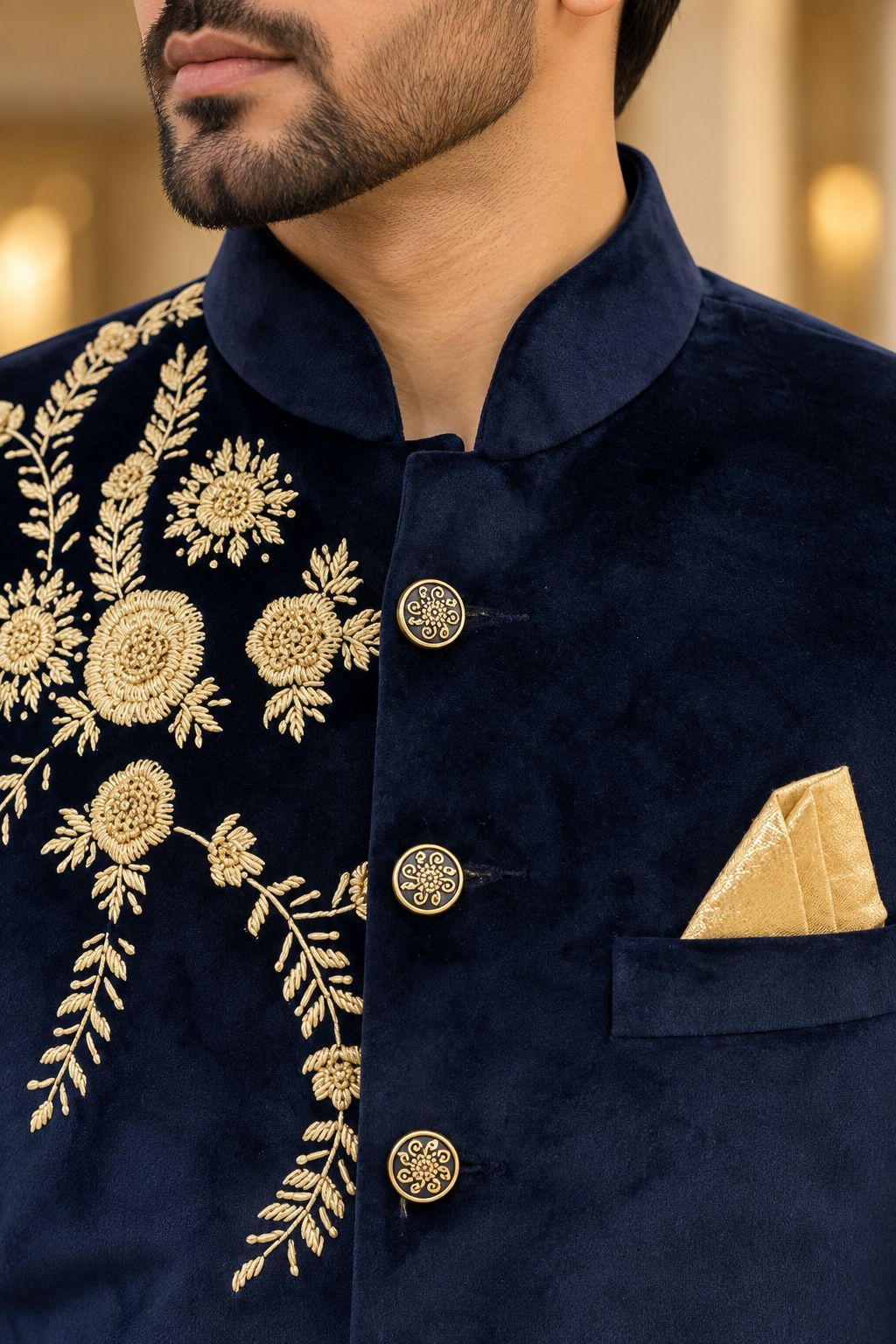 Men’s Navy Blue Velvet Embroidered Jodhpuri Jacket