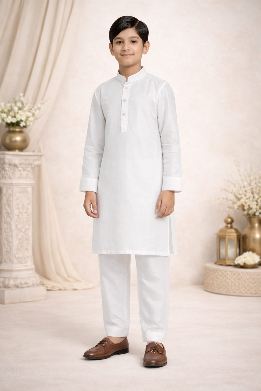 White Boys Plain Kurta Pajama - Shiny Raw Silk