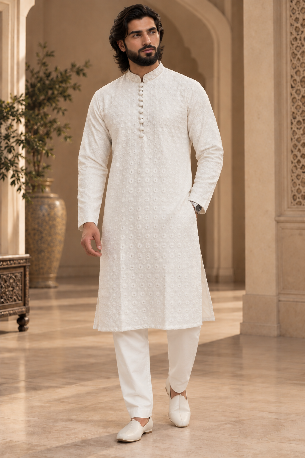 Men’s White Chikankari Kurta Pajama with Floral Embroidery