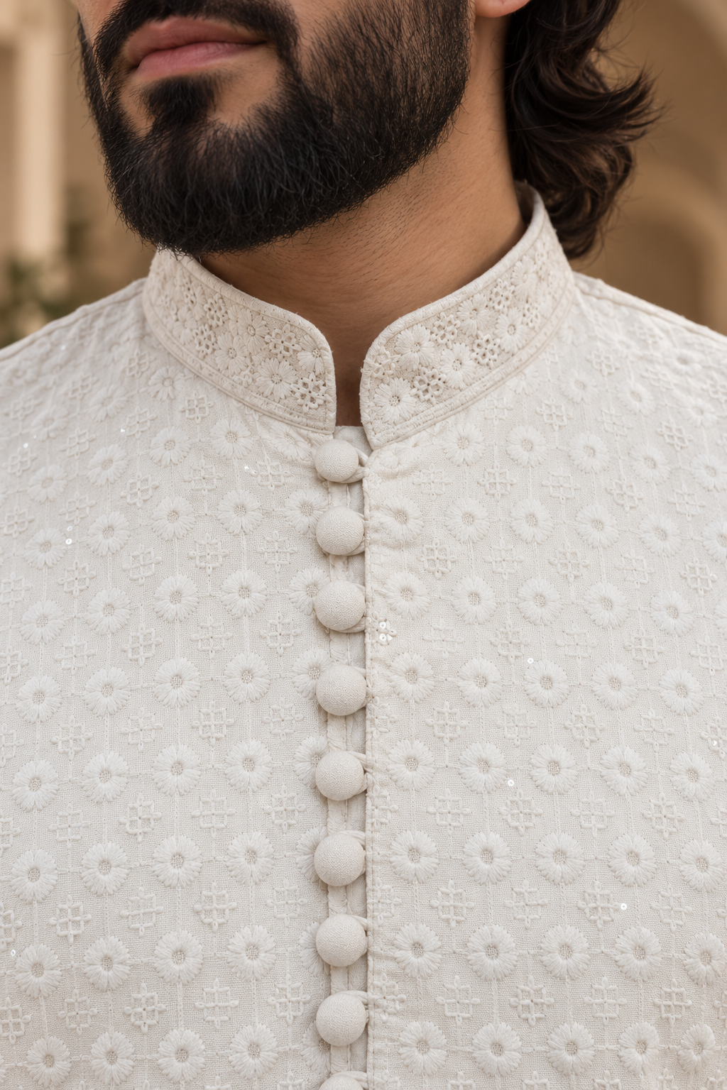 Men’s White Chikankari Kurta Pajama with Floral Embroidery