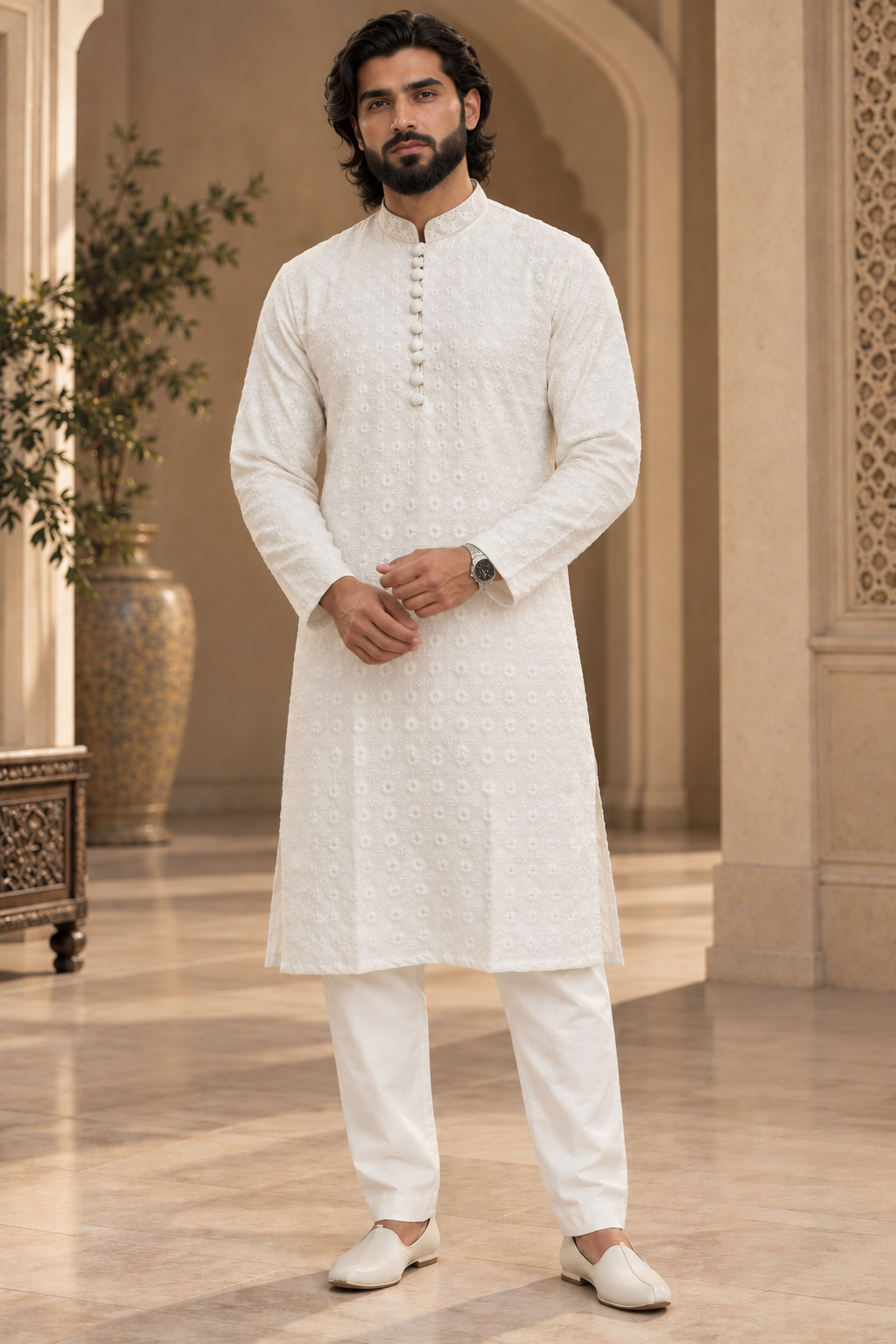Men’s White Chikankari Kurta Pajama with Floral Embroidery