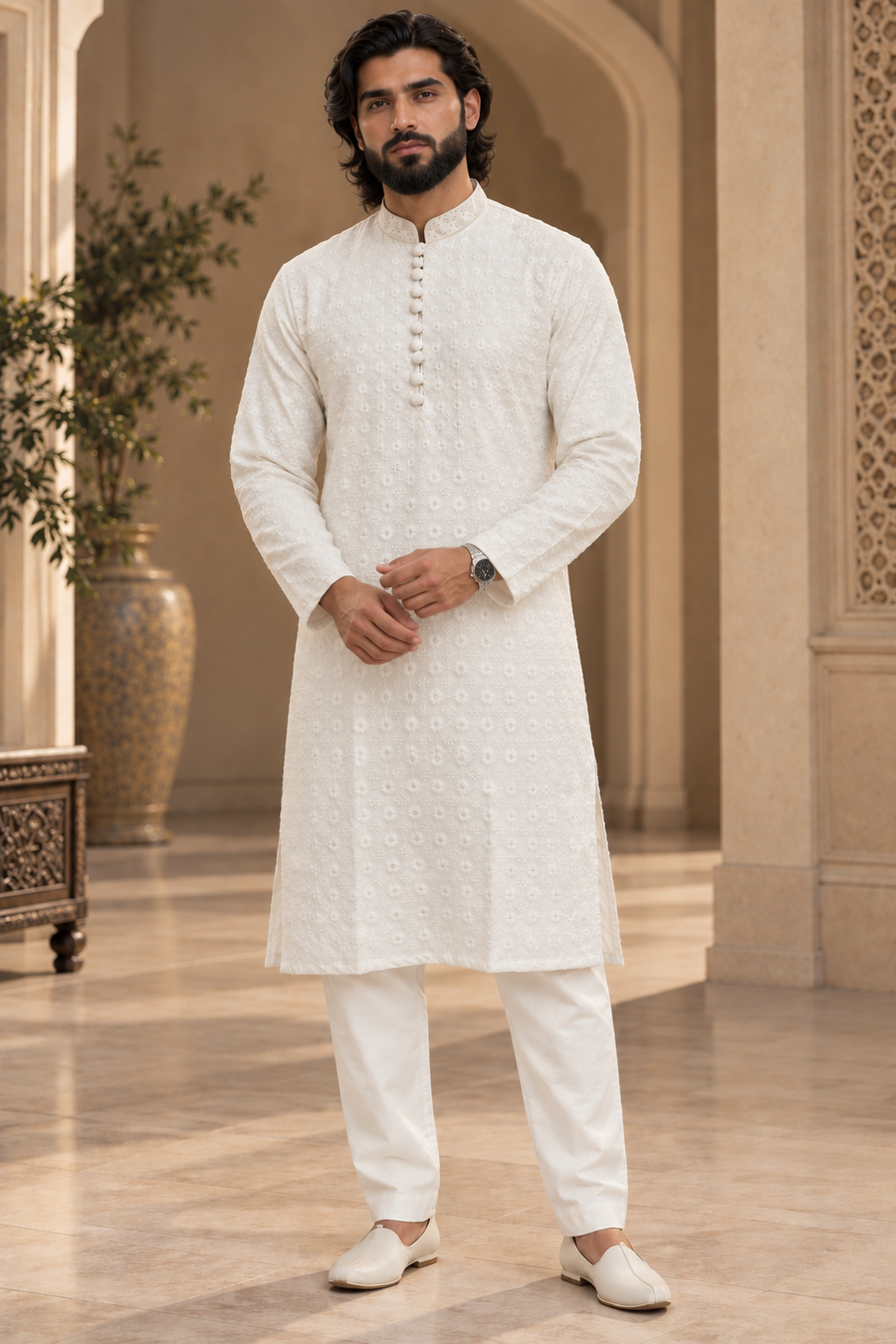 Men’s White Chikankari Kurta Pajama with Floral Embroidery