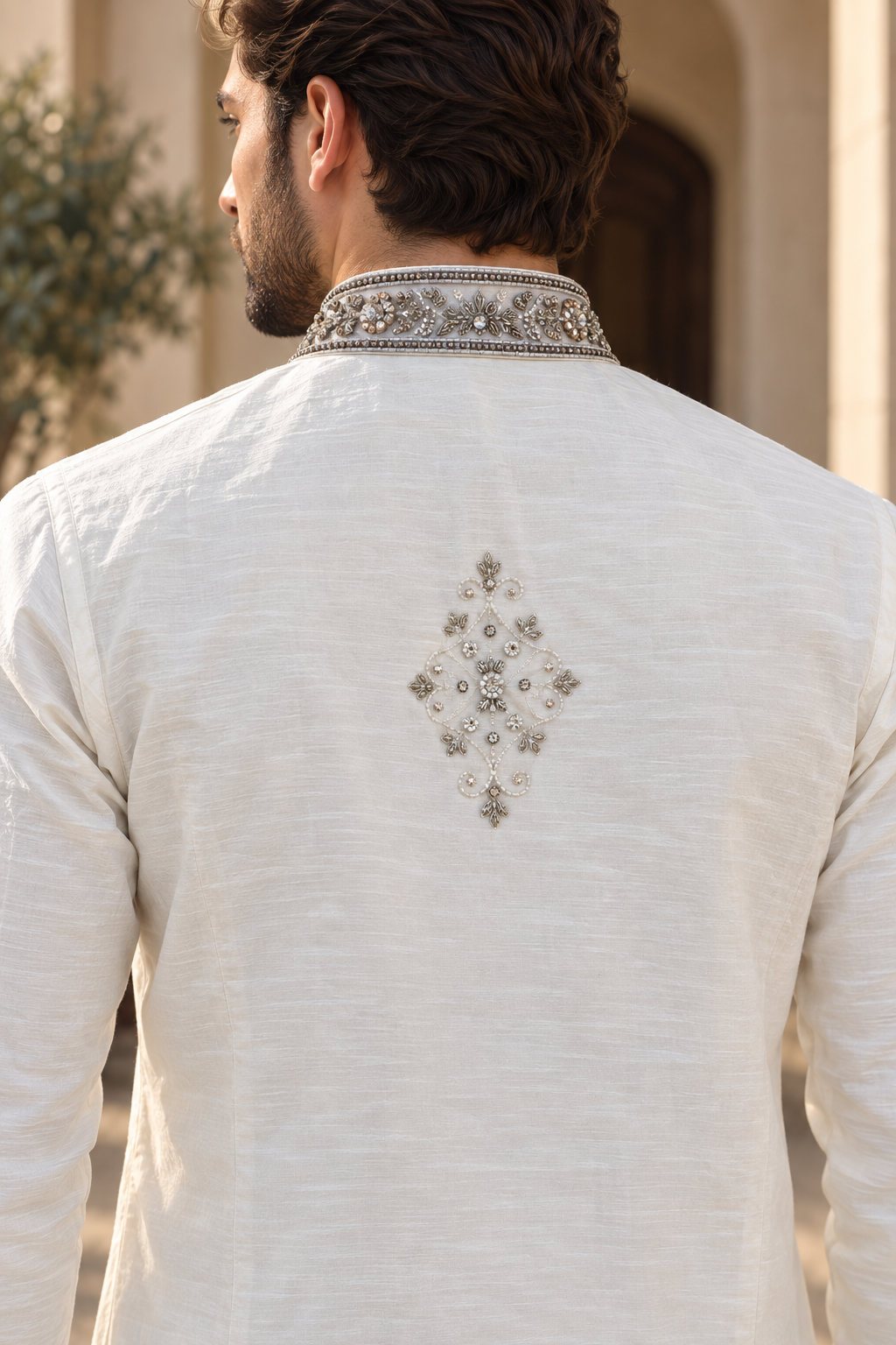 Men’s White Dupion Silk Kurta Pajama with Silver Embroidery