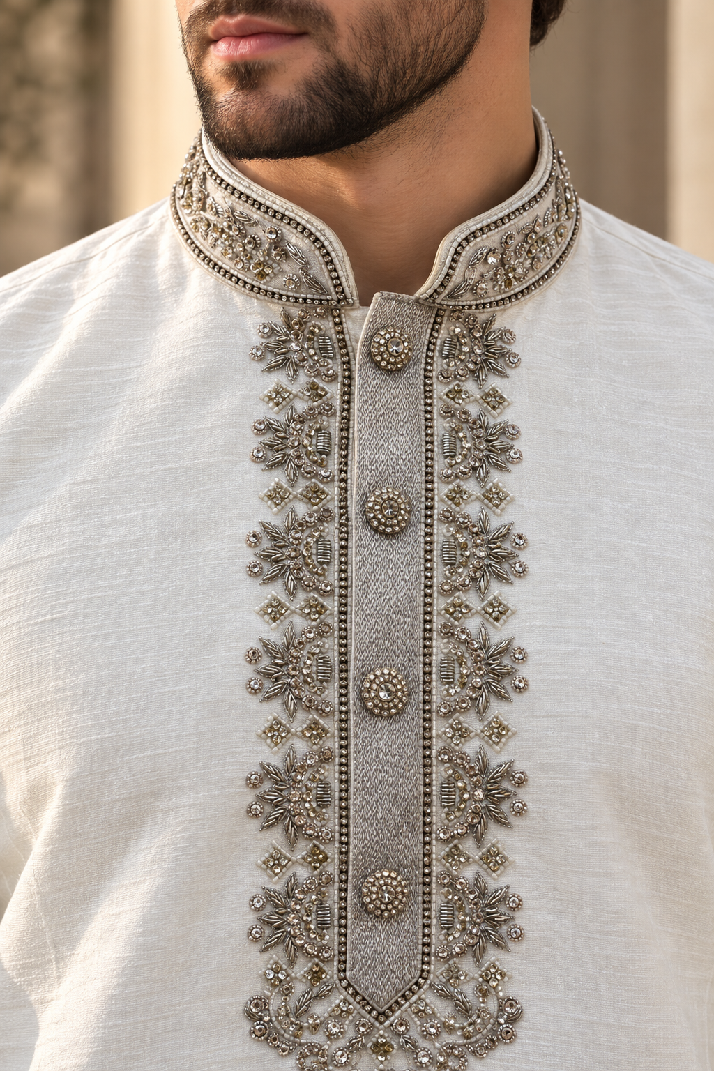 Men’s White Dupion Silk Kurta Pajama with Silver Embroidery