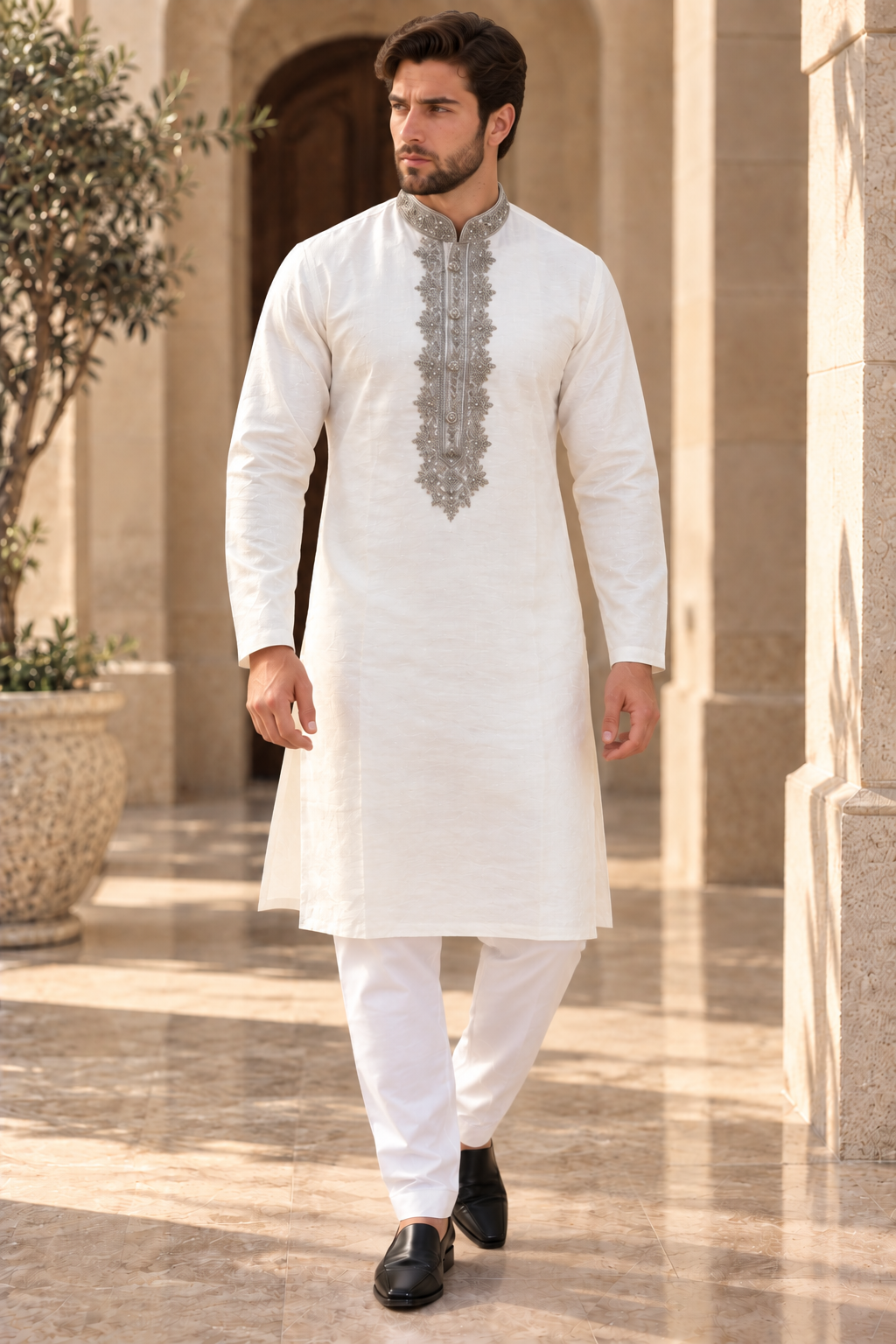 Men’s White Dupion Silk Kurta Pajama with Silver Embroidery