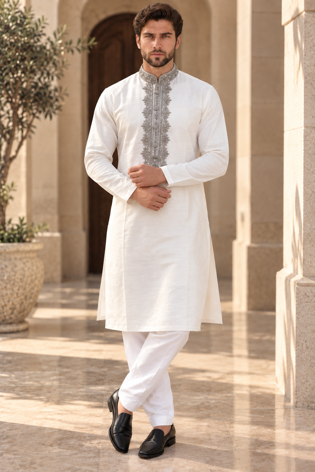 Men’s White Dupion Silk Kurta Pajama with Silver Embroidery
