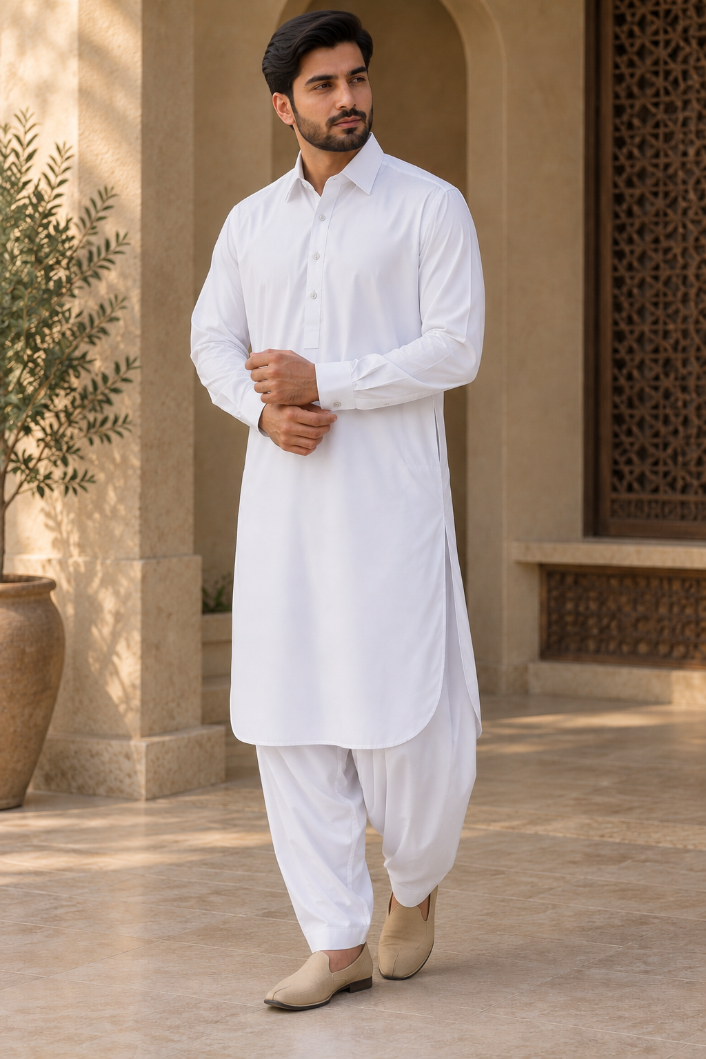Men’s White Salwar Kameez with Collar