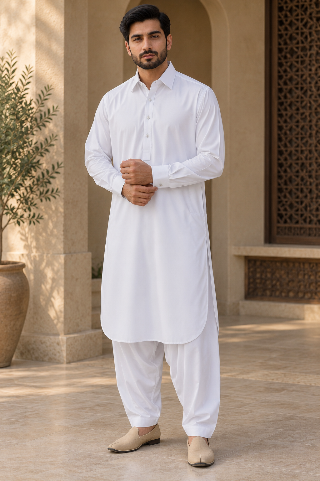 Men’s White Salwar Kameez with Collar