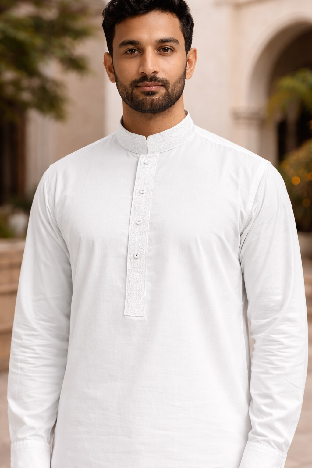 white mens shalwar kameez close up