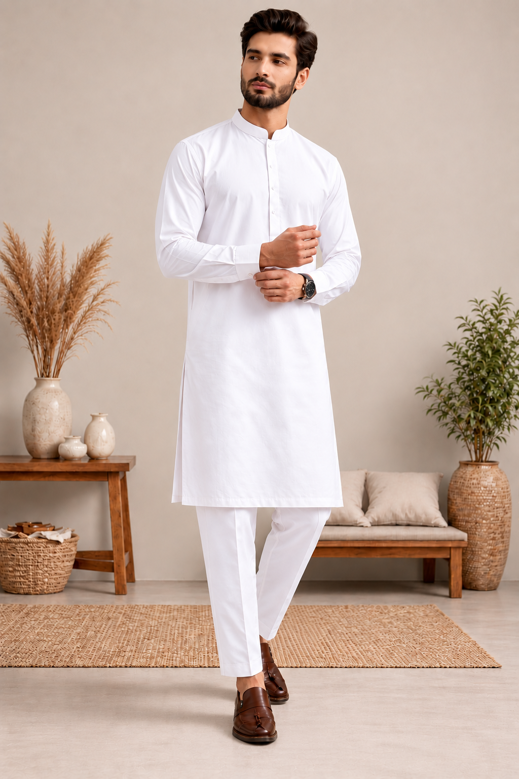 Men’s White Shalwar Kameez with Trouser Pants