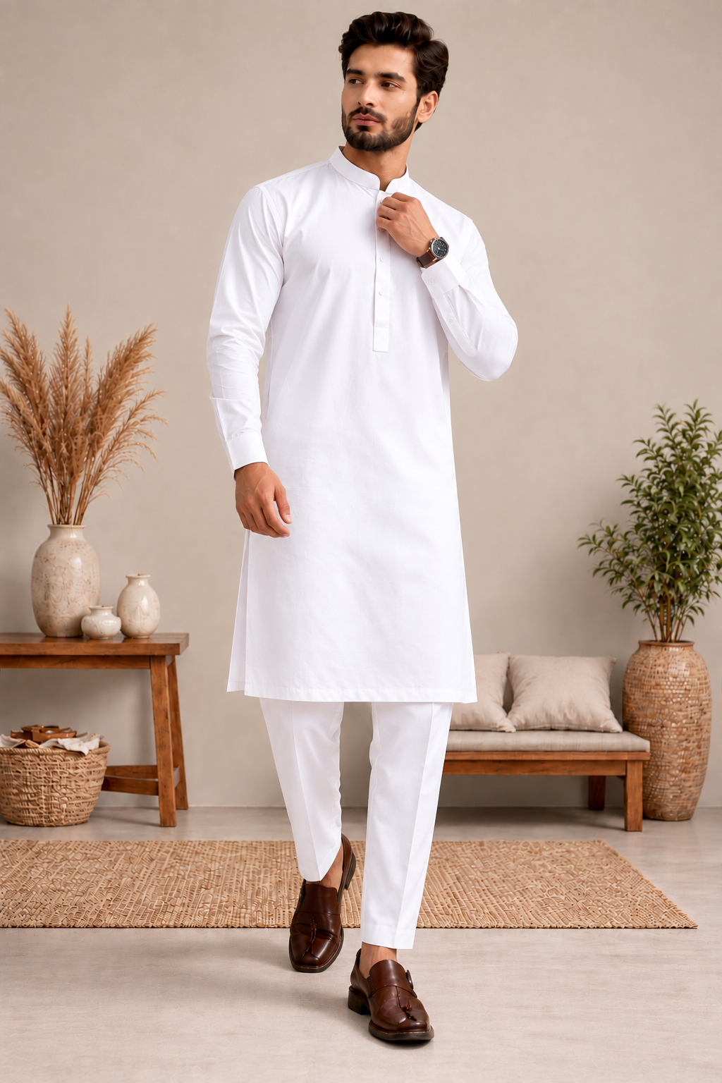 Men’s White Shalwar Kameez with Trouser Pants