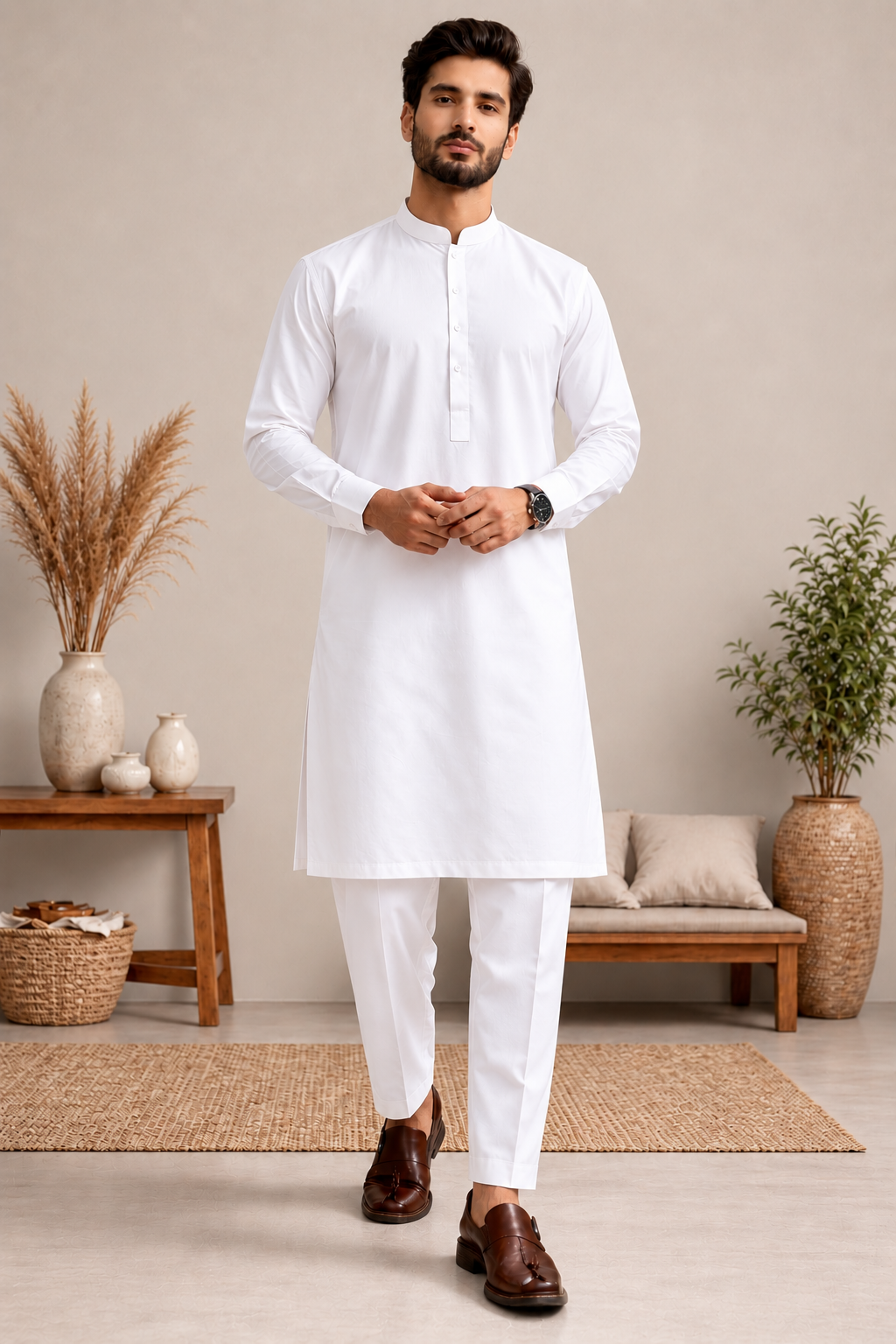 Men’s White Shalwar Kameez with Trouser Pants