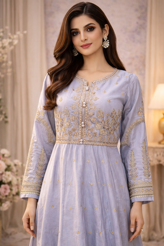 Blue Embroidered Frock with Printed Dupatta