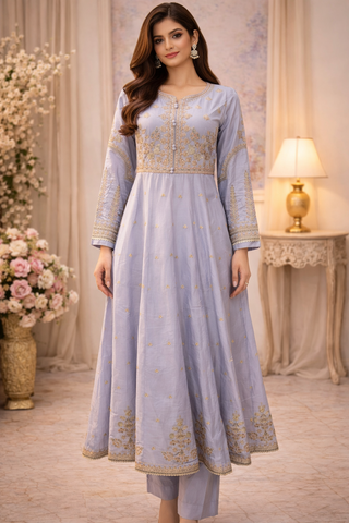 Blue Embroidered Frock with Printed Dupatta