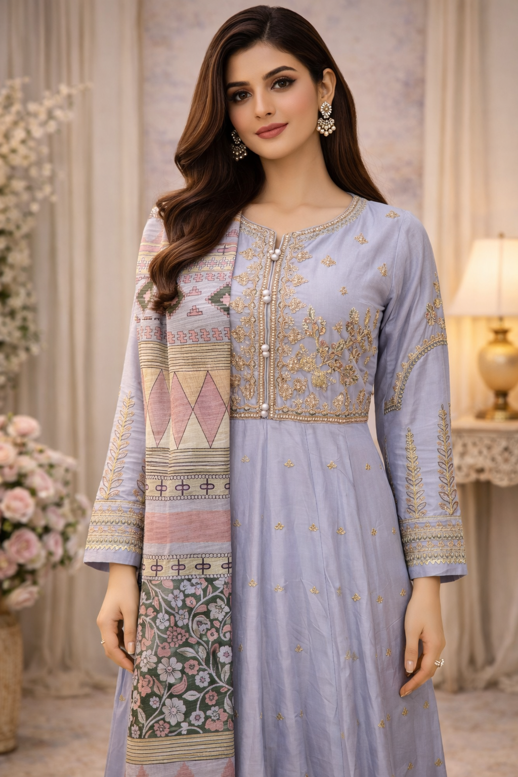 Blue Embroidered Frock with Printed Dupatta