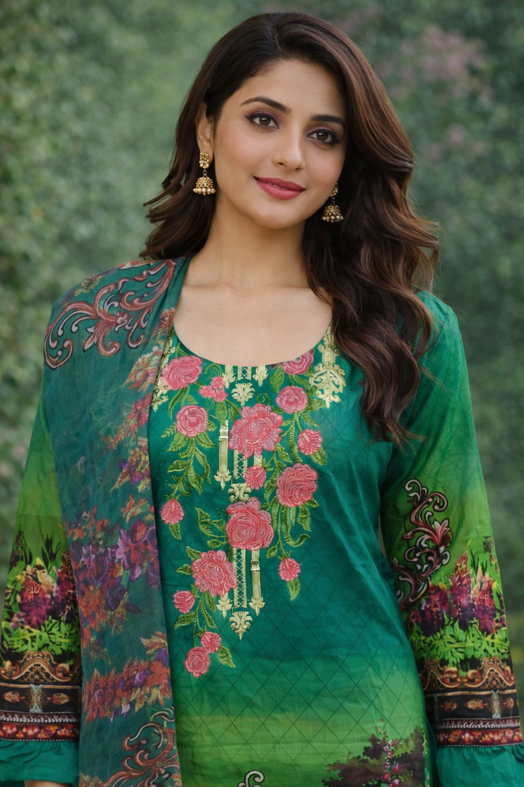 Womens Green Trouser Suit Printed Cotton Ready To Wear Close View