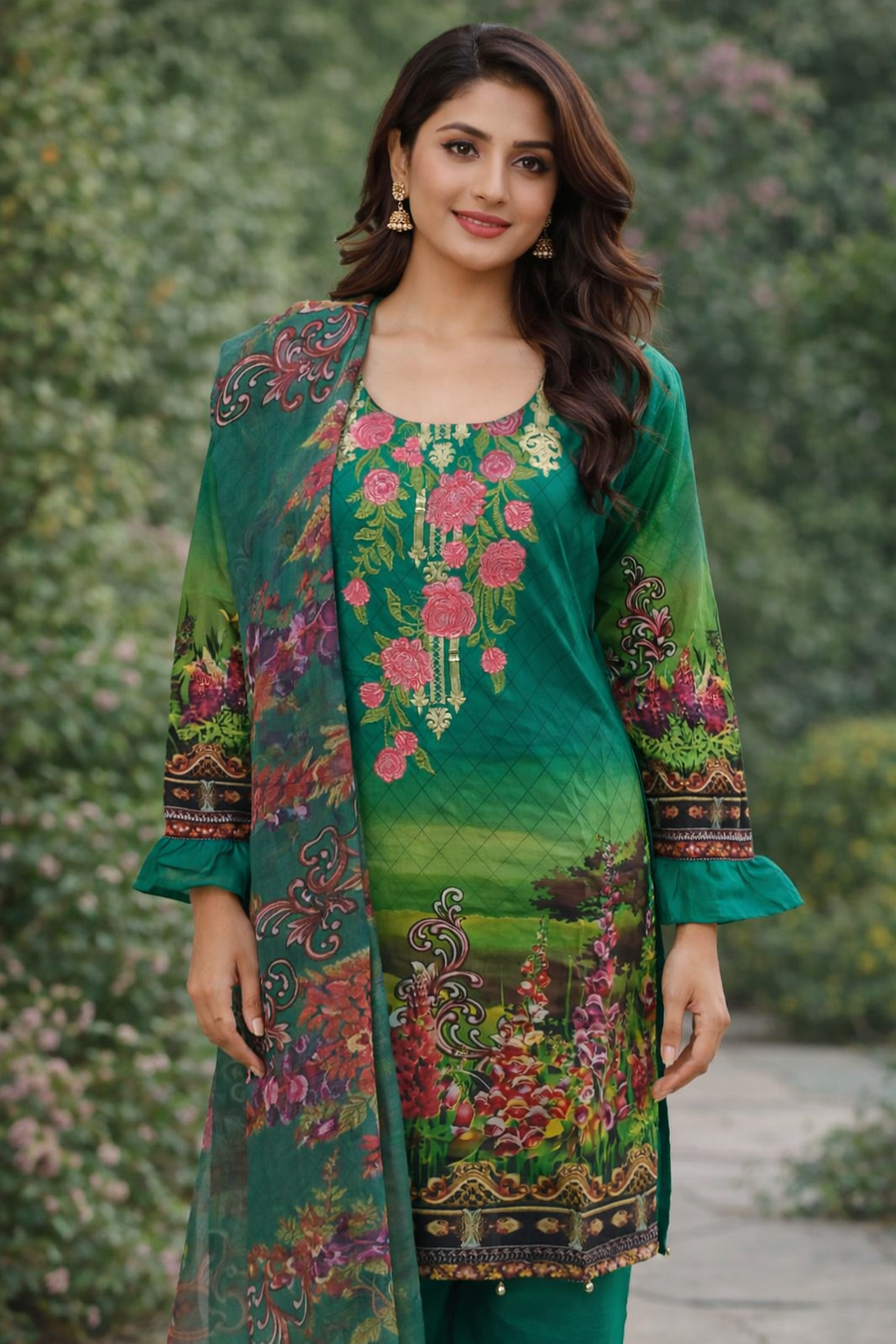 Green Printed Cotton Lawn Trouser Suit – Elegant Everyday Wear