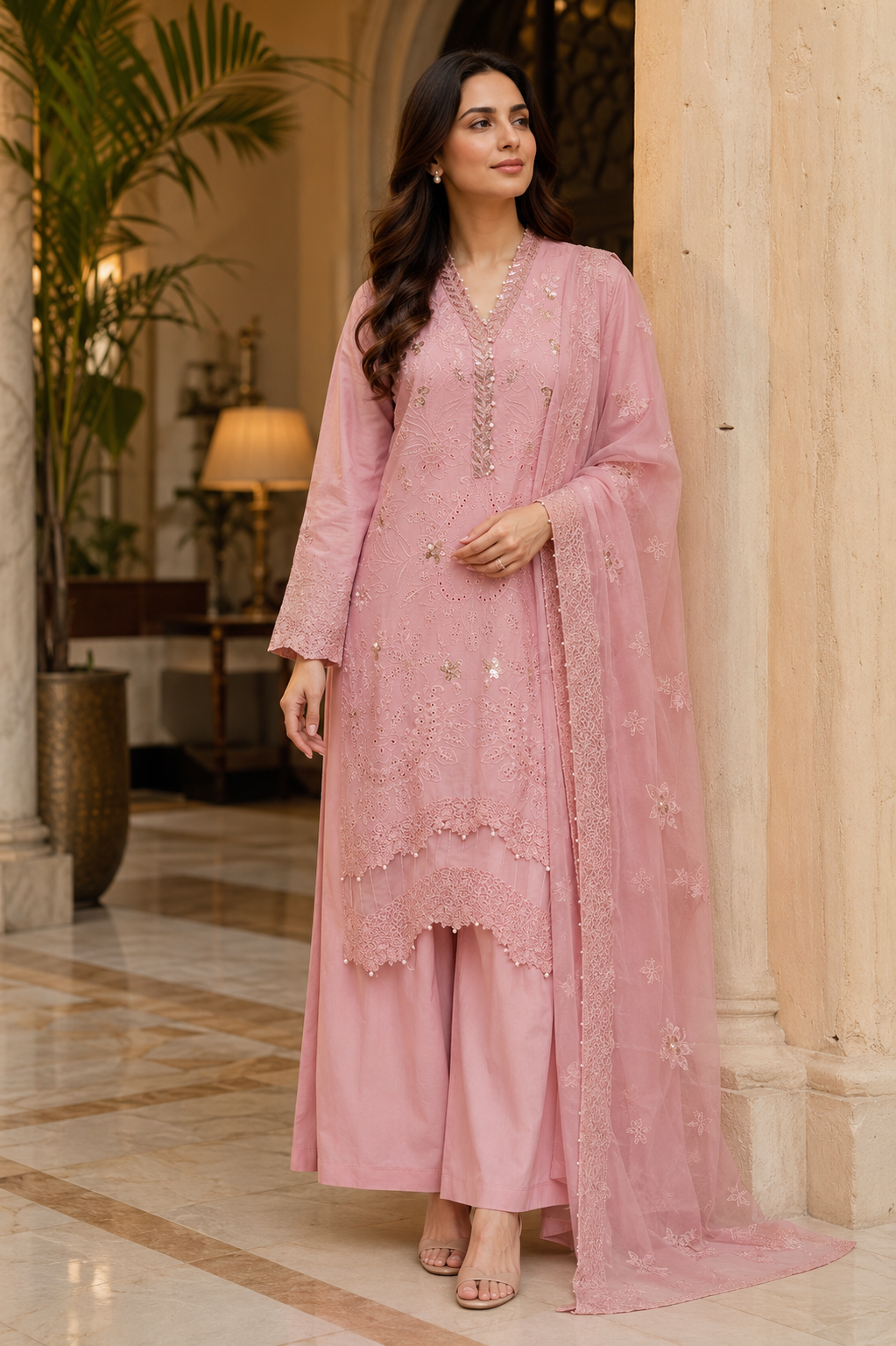 Zoon Pink 3 - Piece Ready To Wear Cotton Ladies Palazzo Suit