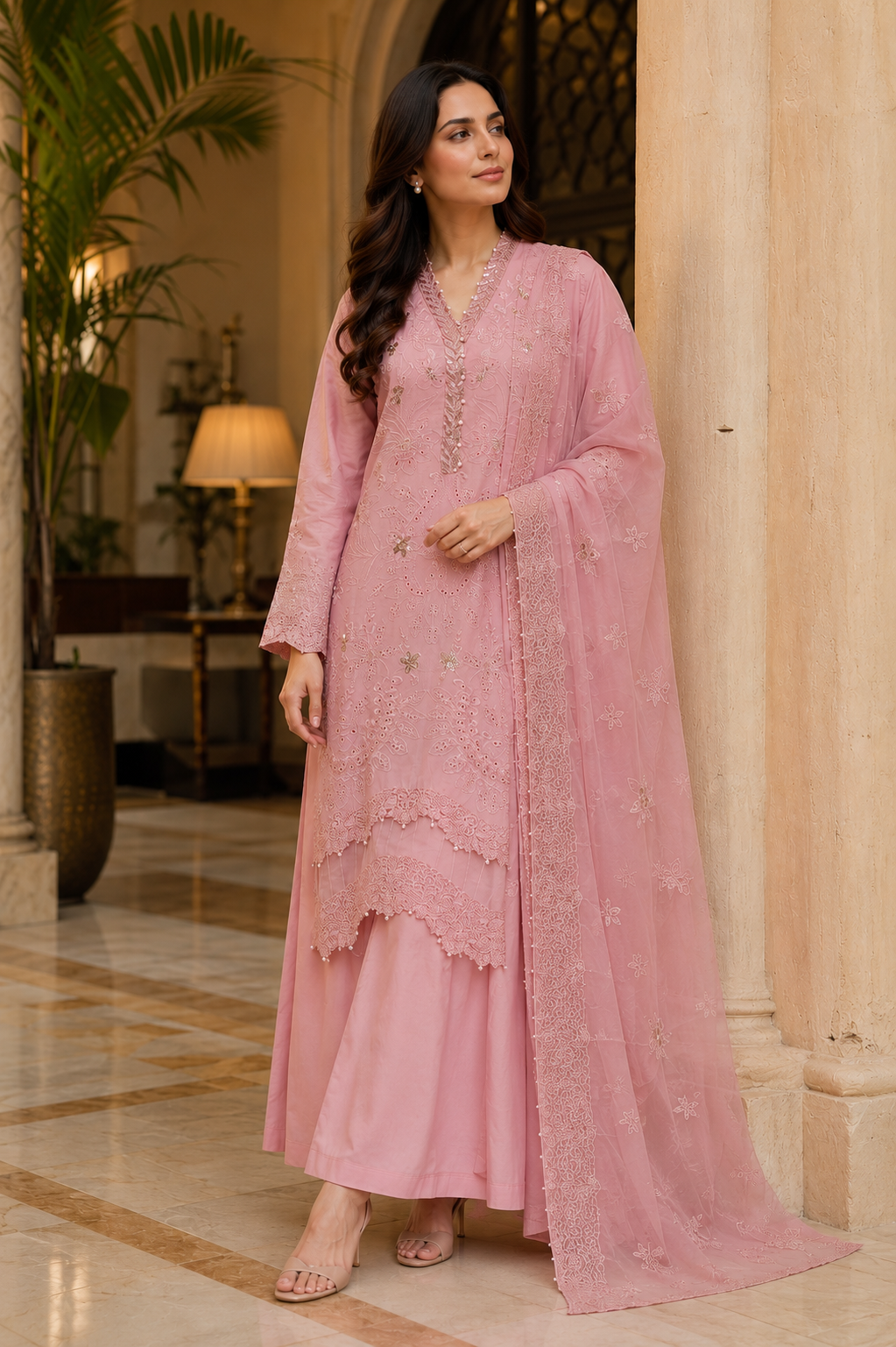 Zoon Pink 3 - Piece Ready To Wear Cotton Ladies Palazzo Suit