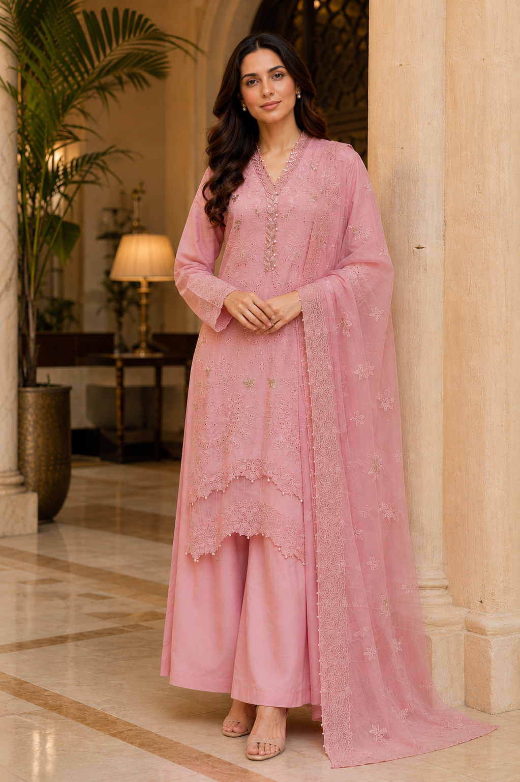 Zoon Pink 3 - Piece Ready To Wear Cotton Ladies Palazzo Suit