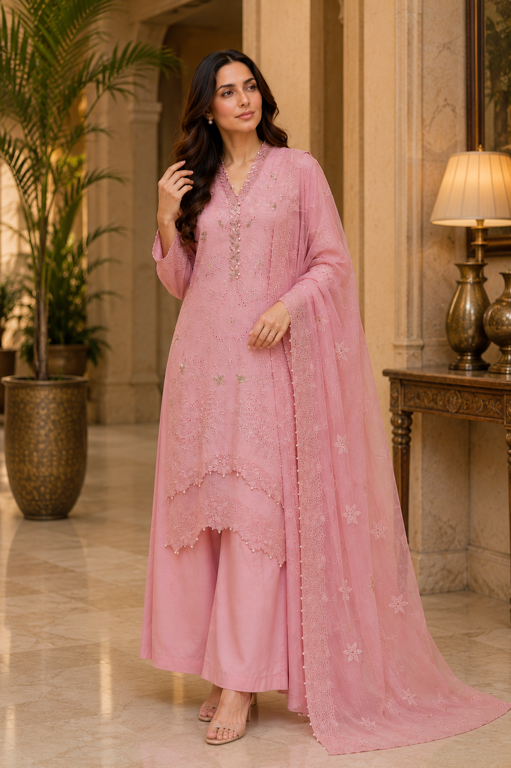 Zoon Pink 3 - Piece Ready To Wear Cotton Ladies Palazzo Suit