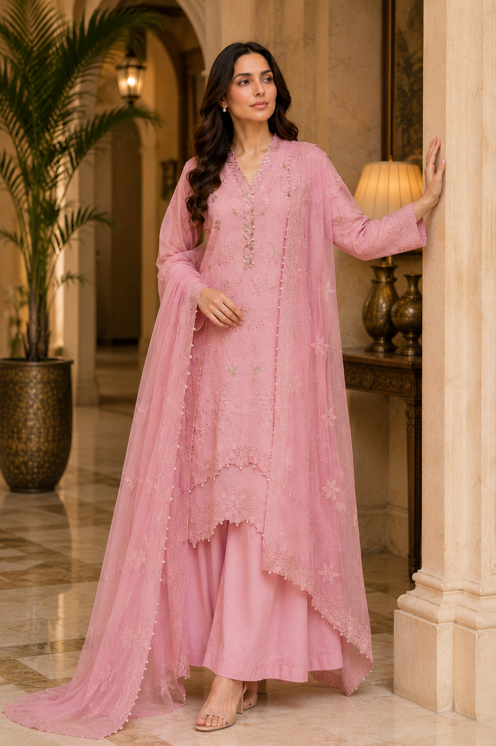 Zoon Pink 3 - Piece Ready To Wear Cotton Ladies Palazzo Suit
