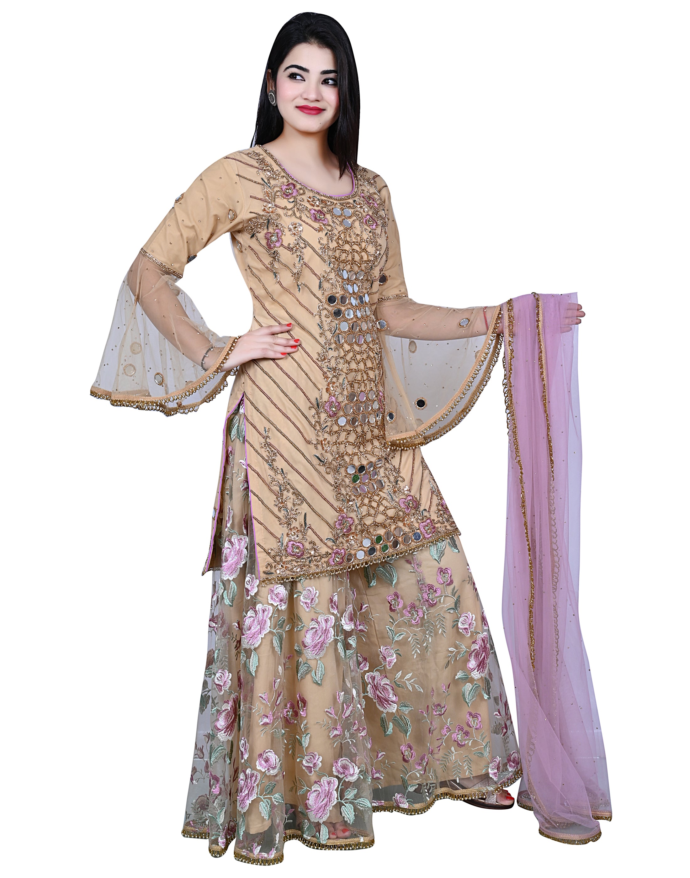 Beige Contrasting Mirror Work Shirt With Sharara