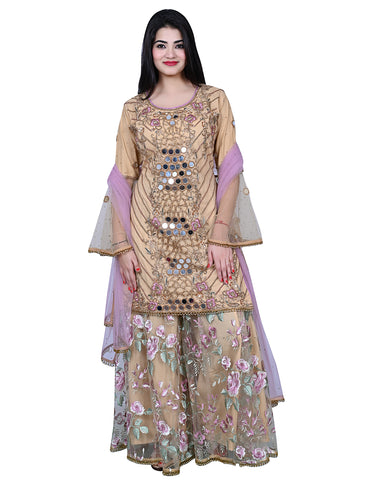 Beige Contrasting Mirror Work Shirt With Sharara