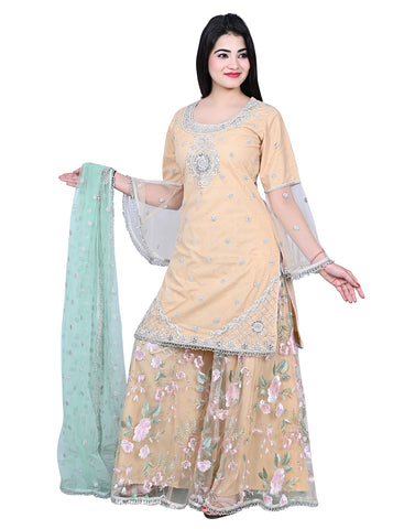 Beige Embroidered Party Wear Shirt With Sharara