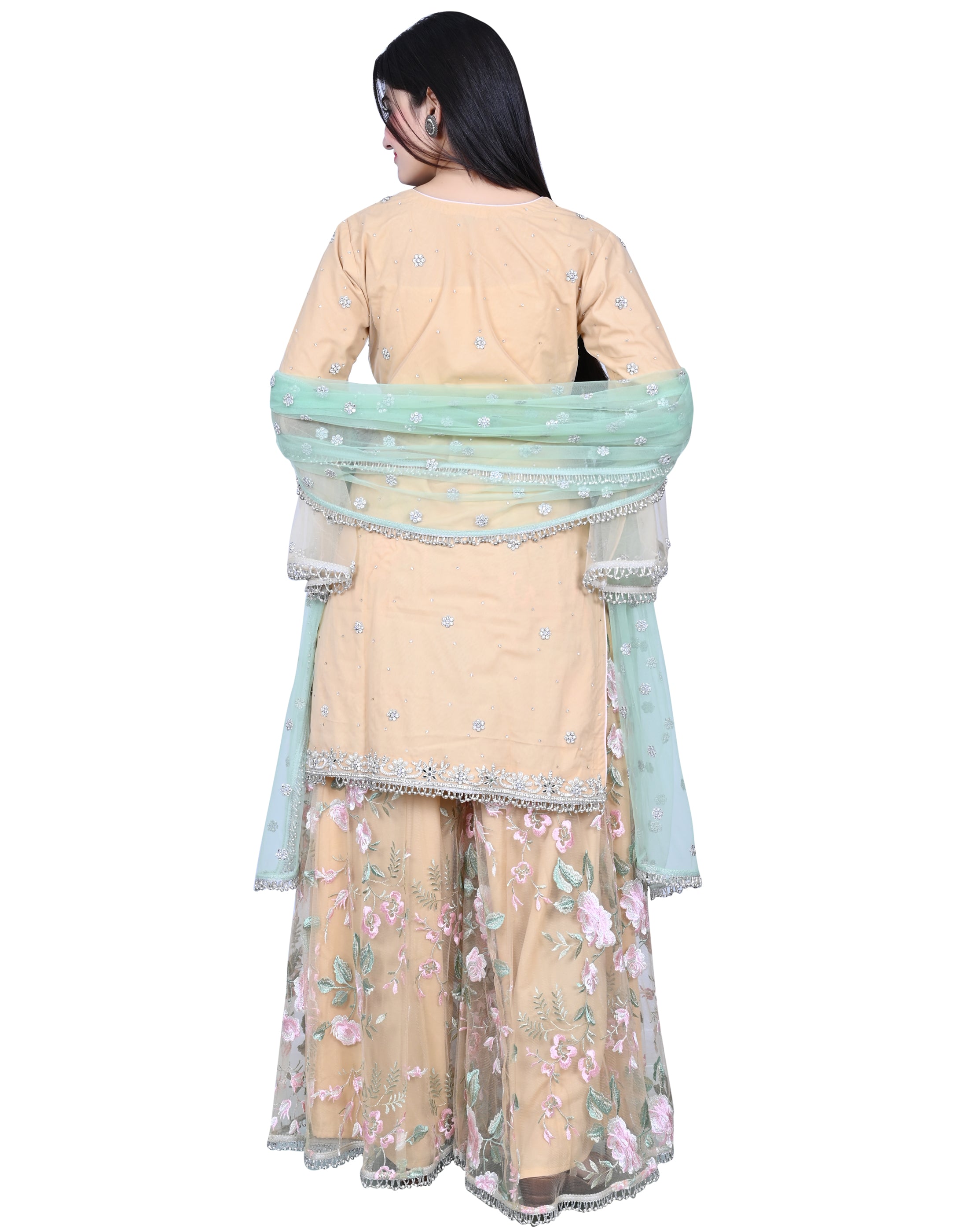 Beige Embroidered Party Wear Shirt With Sharara