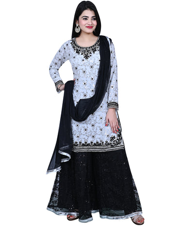 Black And White Embroidered Party Wear Shirt With Sharara