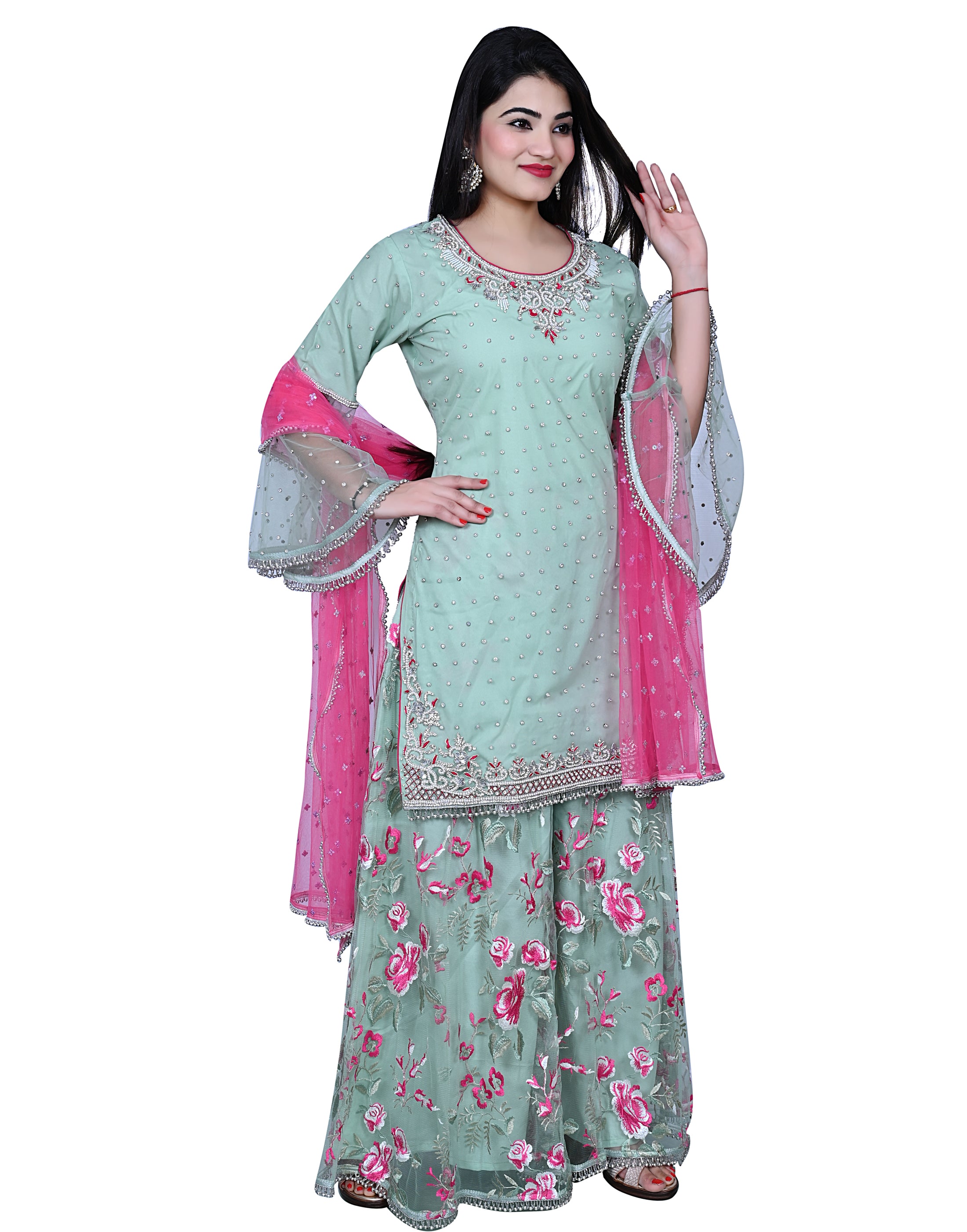 Light Green & Pink Embroidered Shirt With Sharara