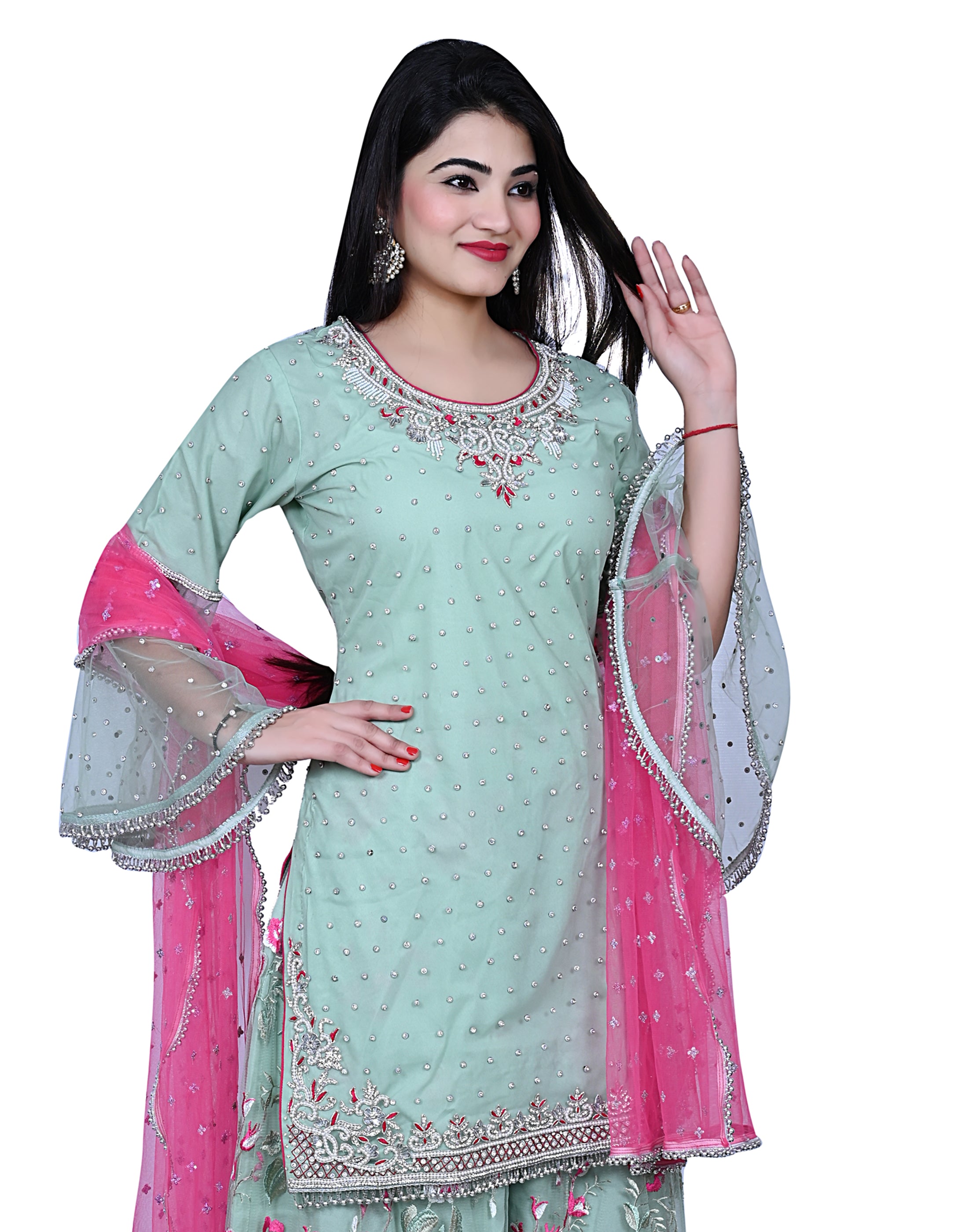Light Green & Pink Embroidered Shirt With Sharara