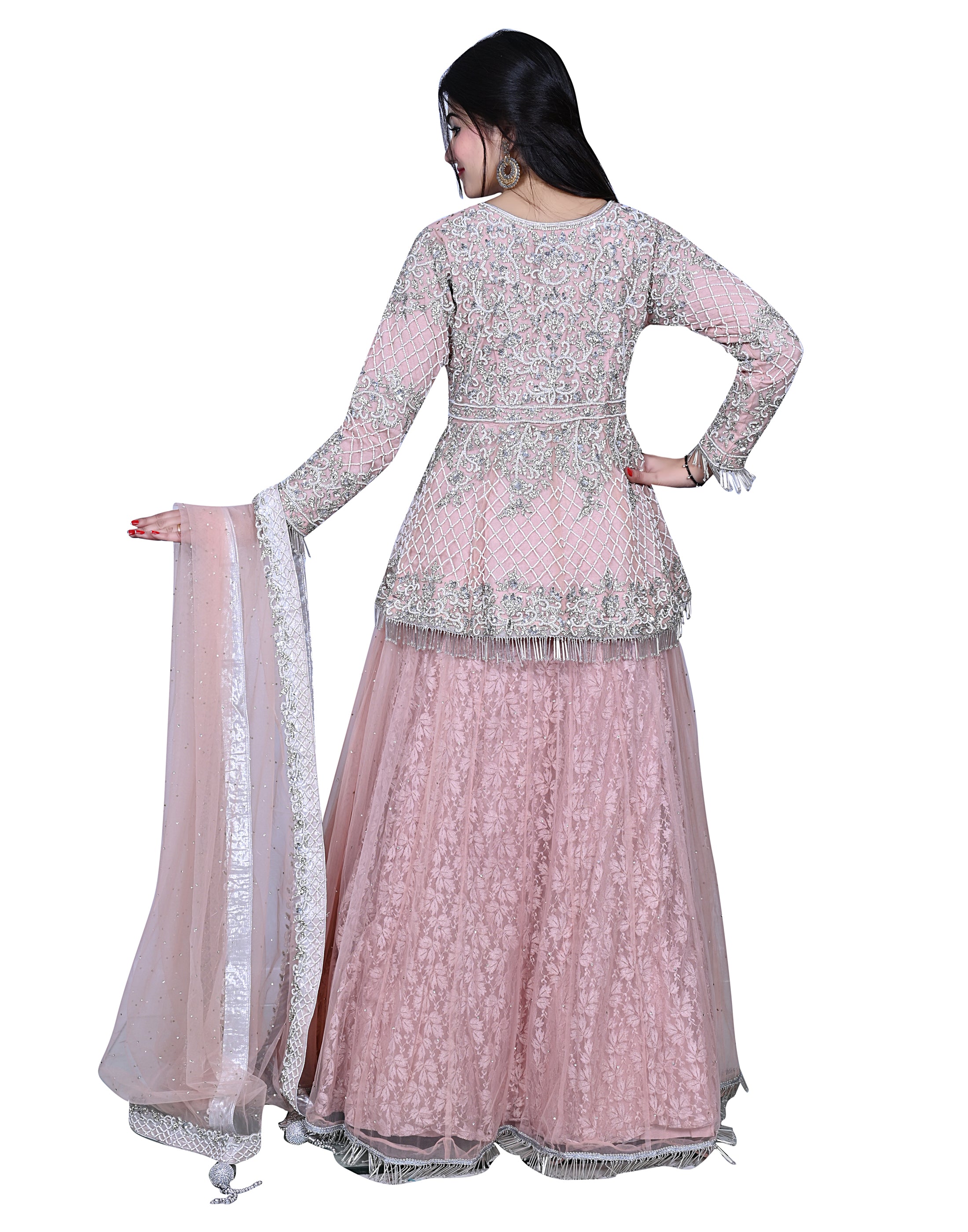 Dusty Pink Embroidered Party Wear Lengha With Peplum Shirt
