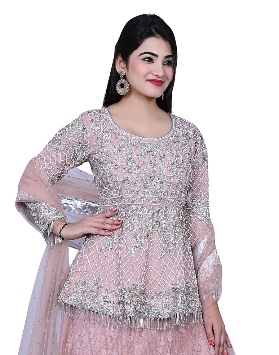 Dusty Pink Embroidered Party Wear Lengha With Peplum Shirt
