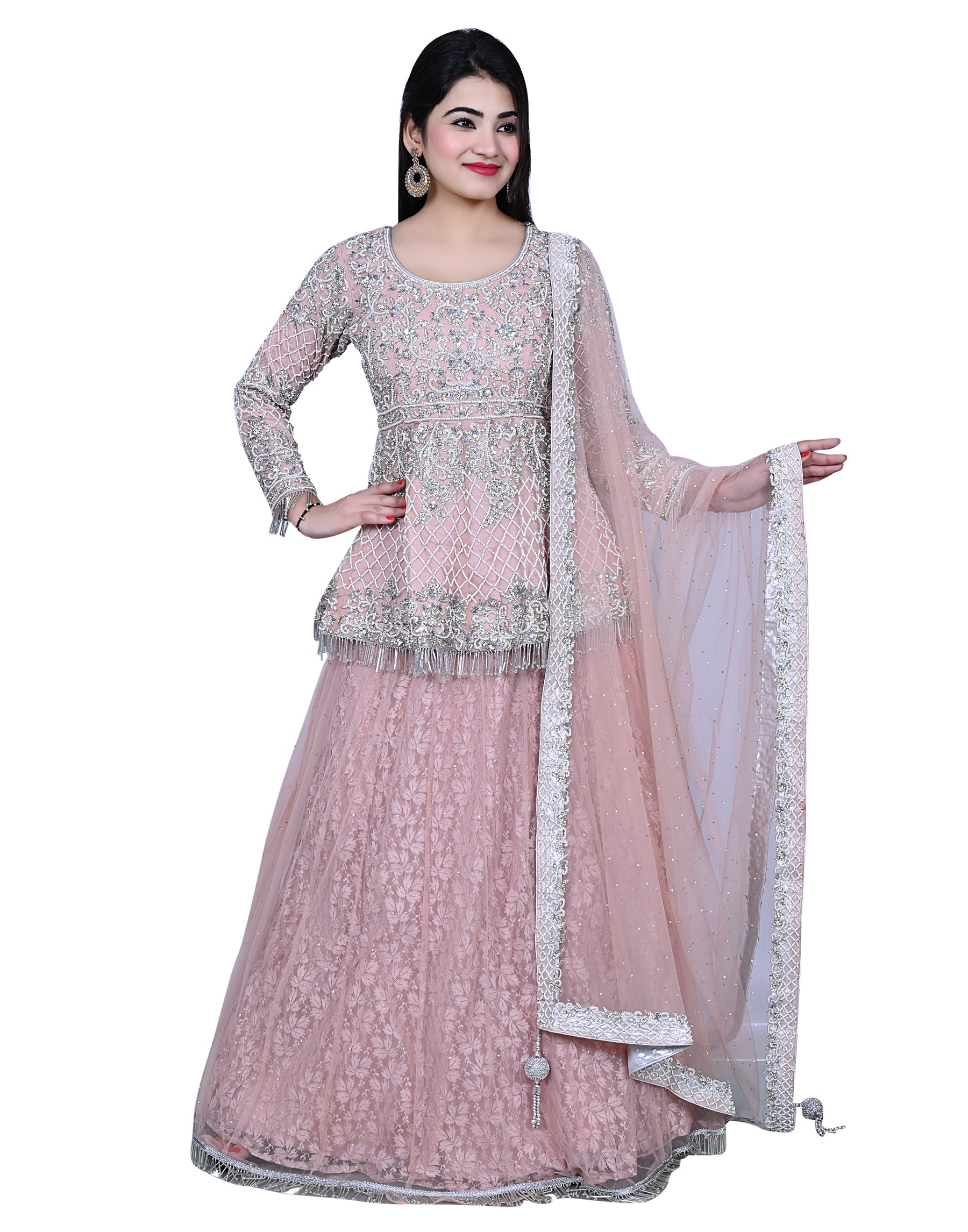 Dusty Pink Embroidered Party Wear Lengha With Peplum Shirt