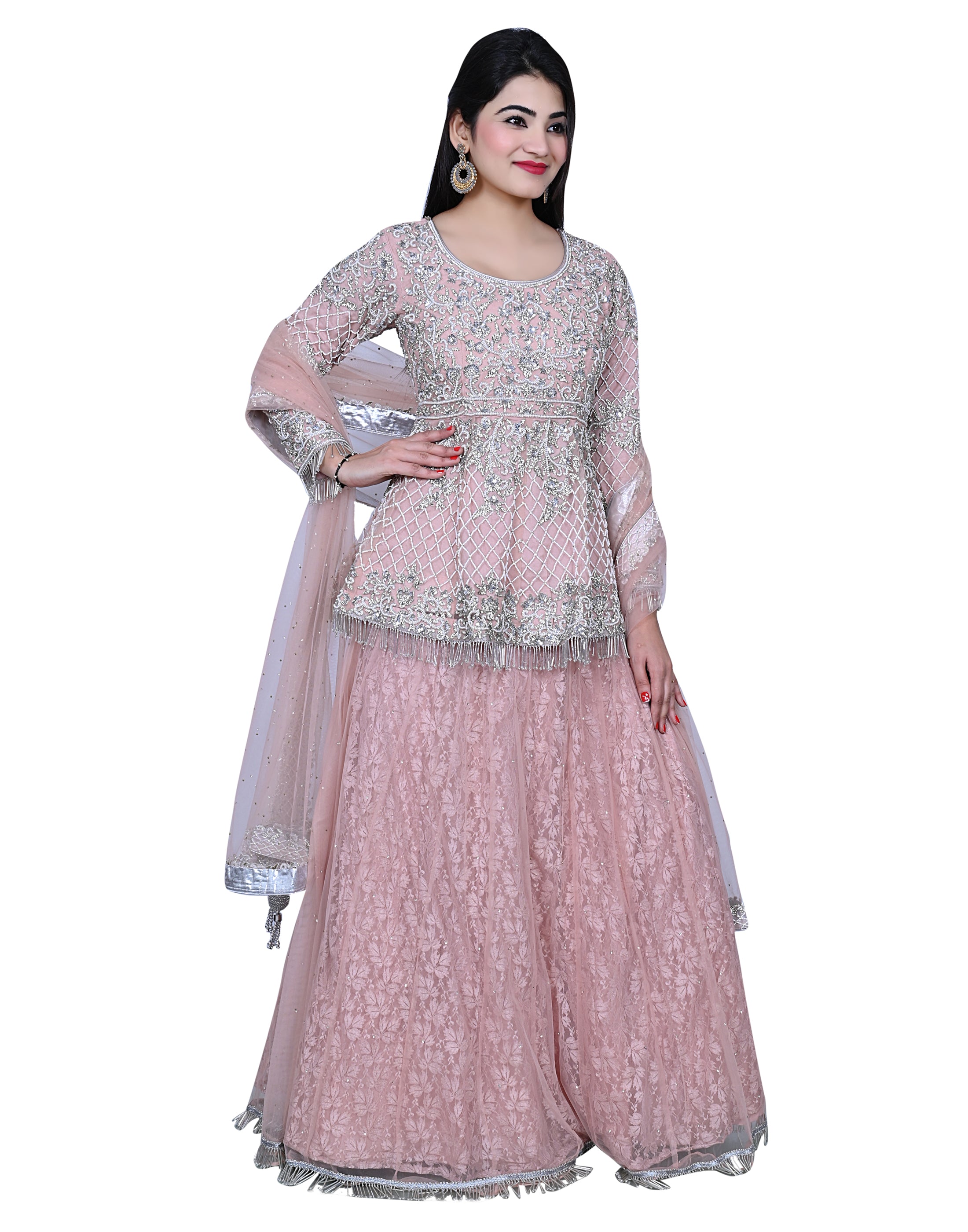 Dusty Pink Embroidered Party Wear Lengha With Peplum Shirt