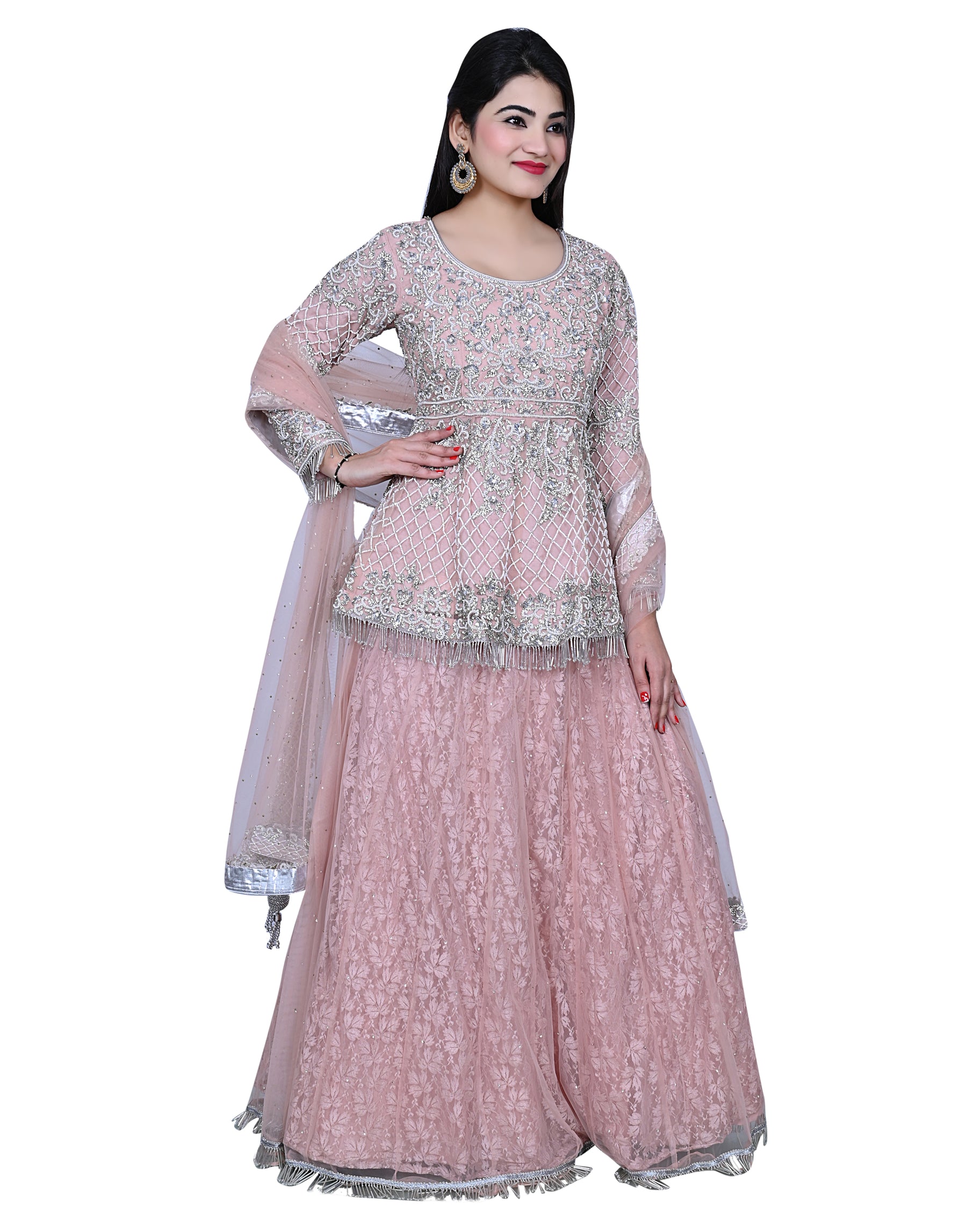 Dusty Pink Embroidered Party Wear Lengha With Peplum Shirt