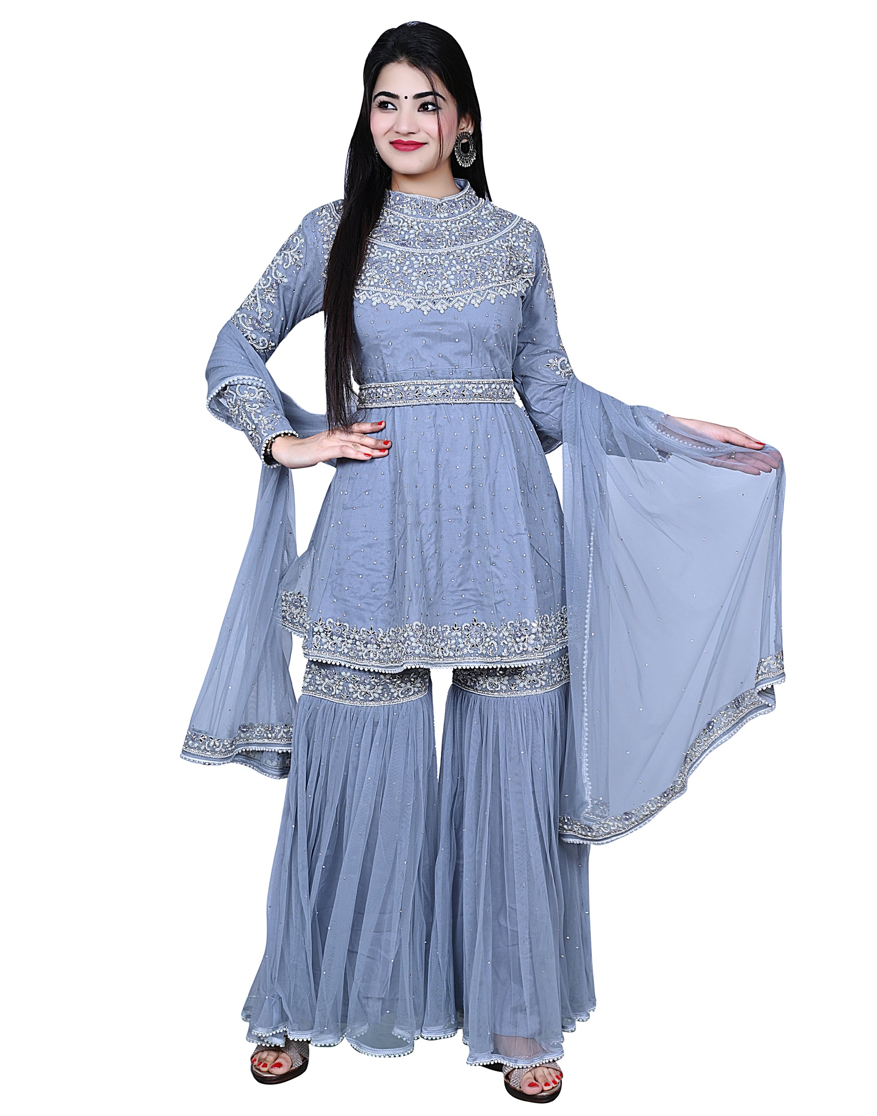 Blue Embroidered Shirt With Sharara & Waist Belt