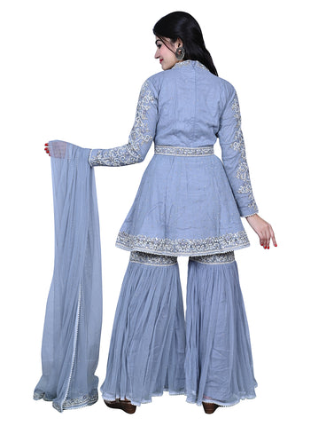 Blue Embroidered Shirt With Sharara & Waist Belt