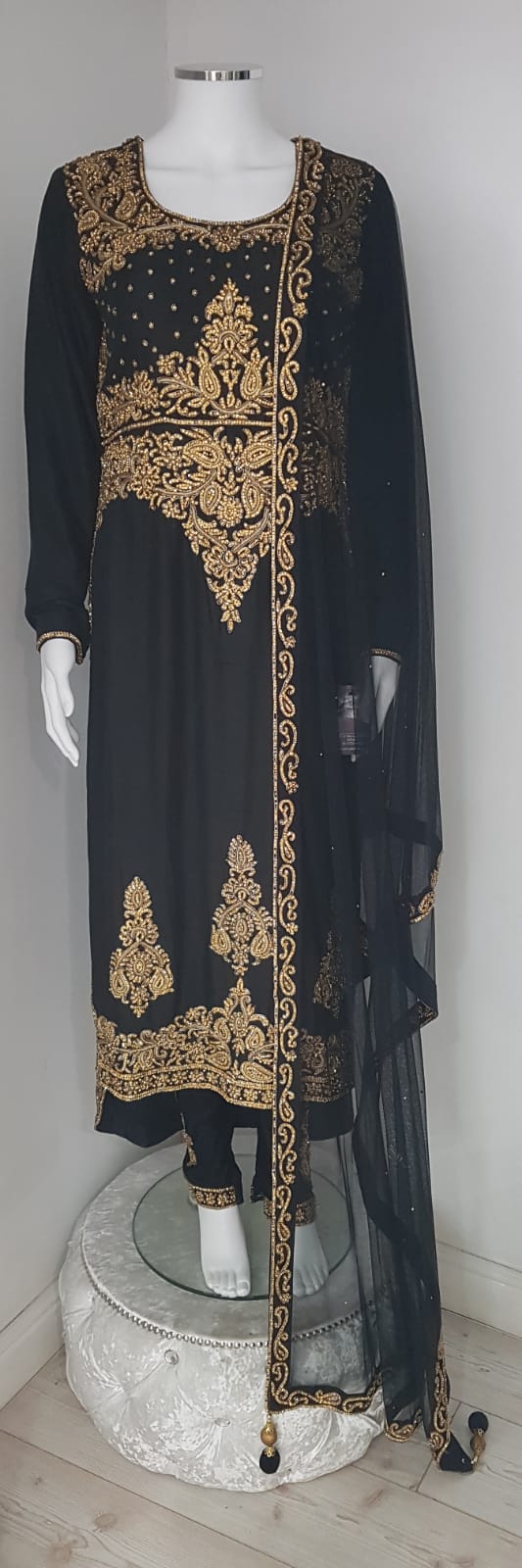 Black Heavy Gold Stone Embroidered Tail Suit